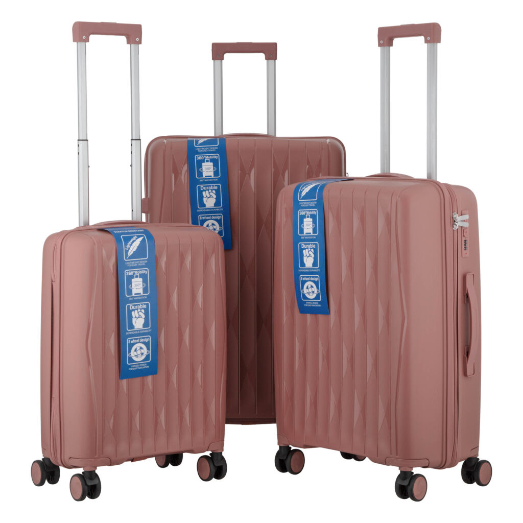 2E Suitcase set 3in1, M7979, polypropylene, (L+M+S), lock (not TSA), anti theft zipper, 4 wheels, rose gold