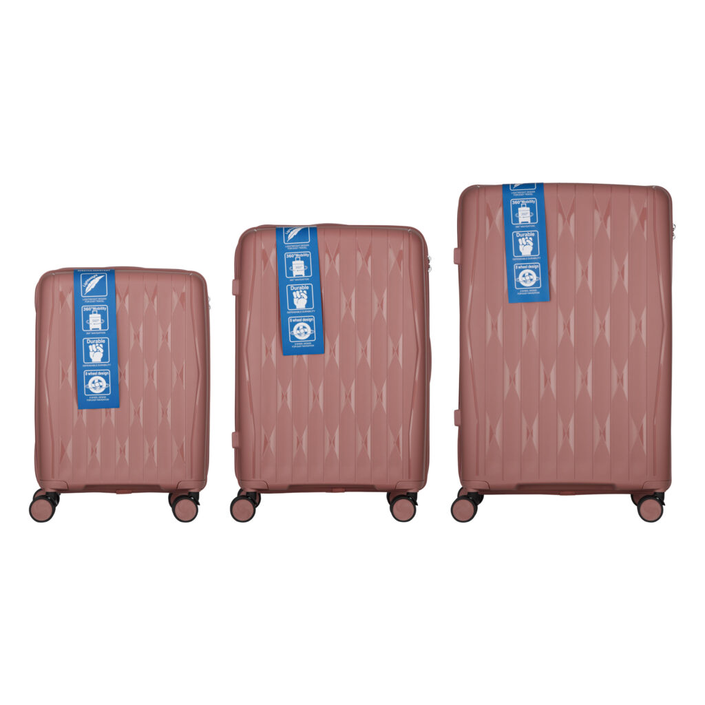 2E Suitcase set 3in1, M7979, polypropylene, (L+M+S), lock (not TSA), anti theft zipper, 4 wheels, rose gold