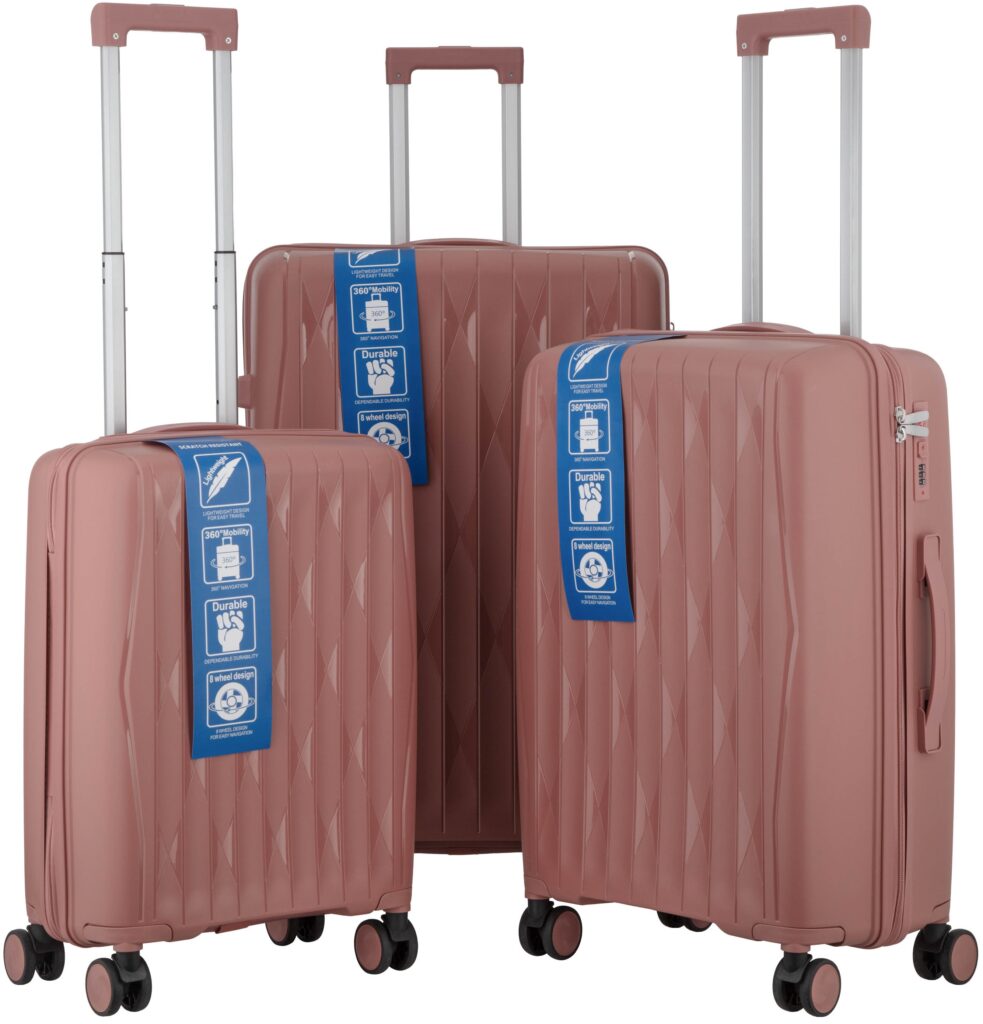 2E Suitcase set 3in1, M7979, polypropylene, (L+M+S), lock (not TSA), anti theft zipper, 4 wheels, rose gold