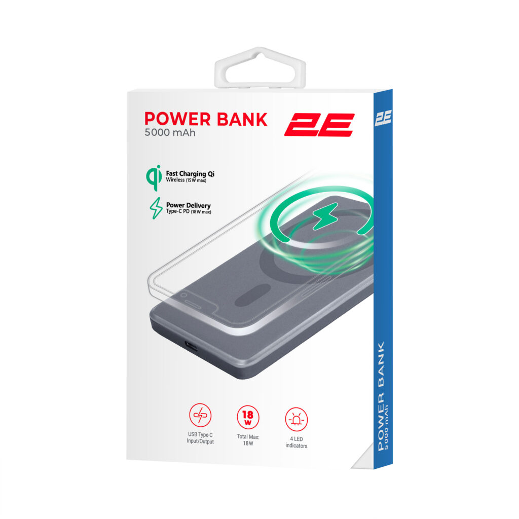 2E Power Bank Slim Wireless QI 5000mAh, 18W, grey