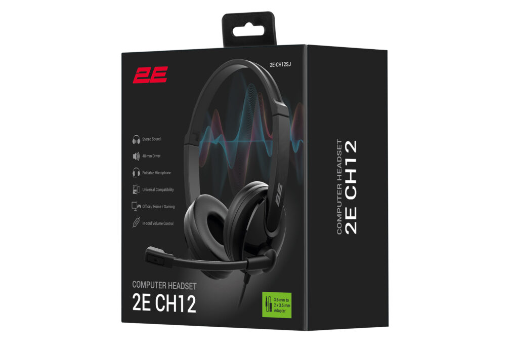 PC headset stereo On-ear 2E CH12 mini-jack, omni-mic, 1.2m, black