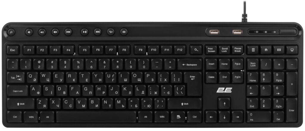 2E Membrane keyboard KS1100 104key, 2xUSB HUB, USB-A, EN/UK, black