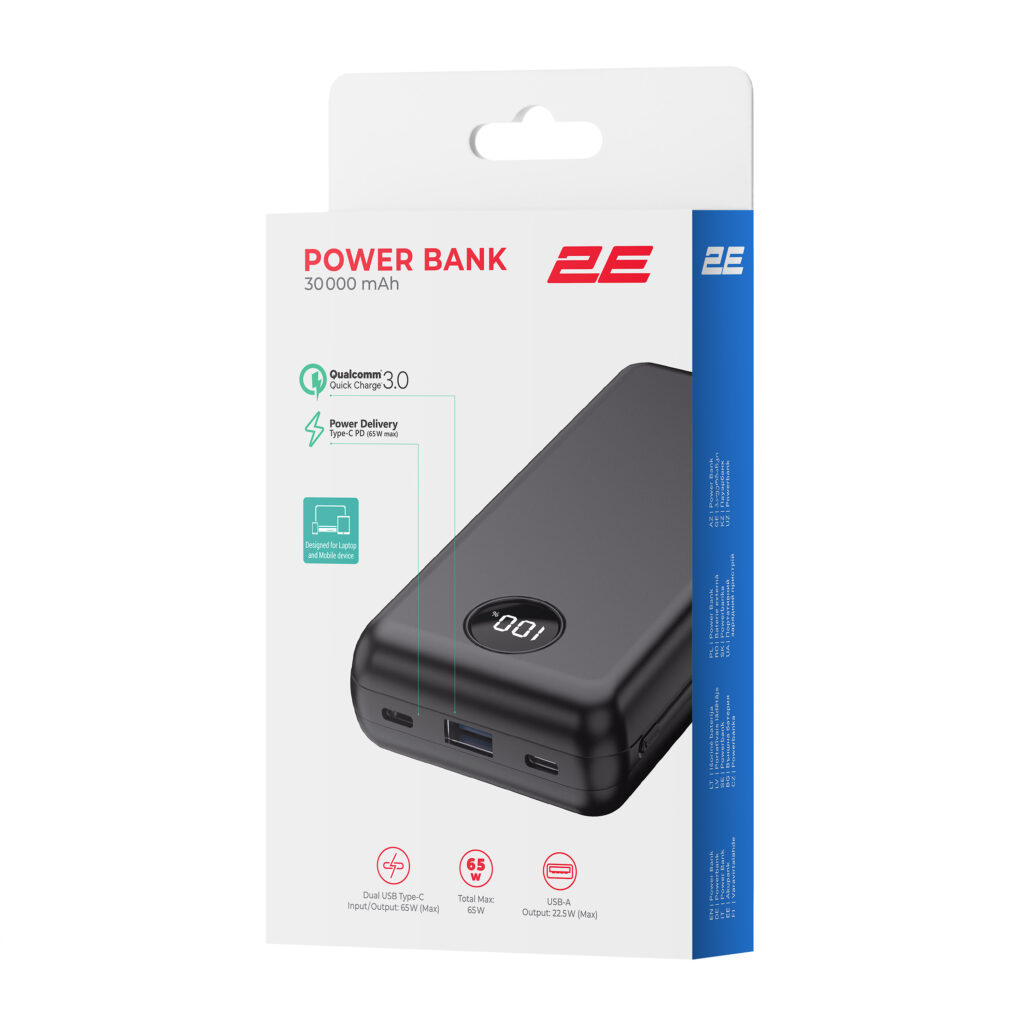 2E Power Bank 30000мА·год, 65Вт, PD, QC, Black