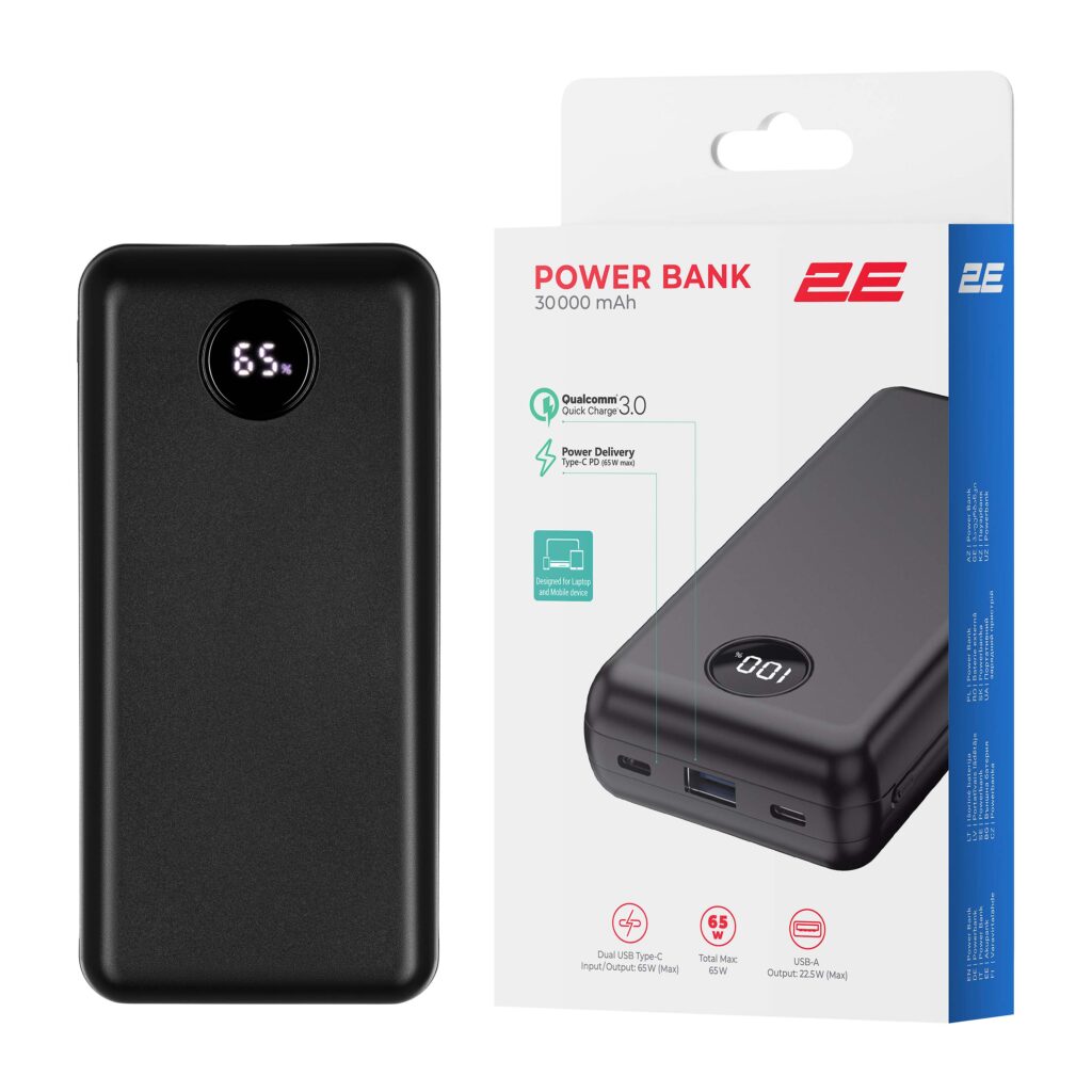 2E Power Bank 30000мА·год, 65Вт, PD, QC, Black