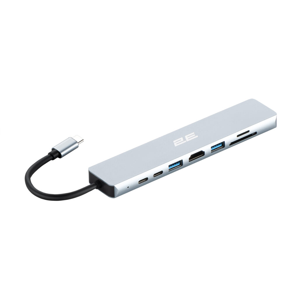 2E Hub USB-С > USB-A 2.0/USB-A 3.0/2xUSB-C PD/HDMI/microSD/SD/Ethernet, 0.13m, silver