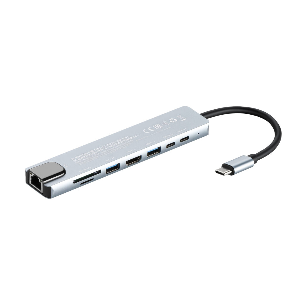 2E Hub USB-С > USB-A 2.0/USB-A 3.0/2xUSB-C PD/HDMI/microSD/SD/Ethernet, 0.13m, silver