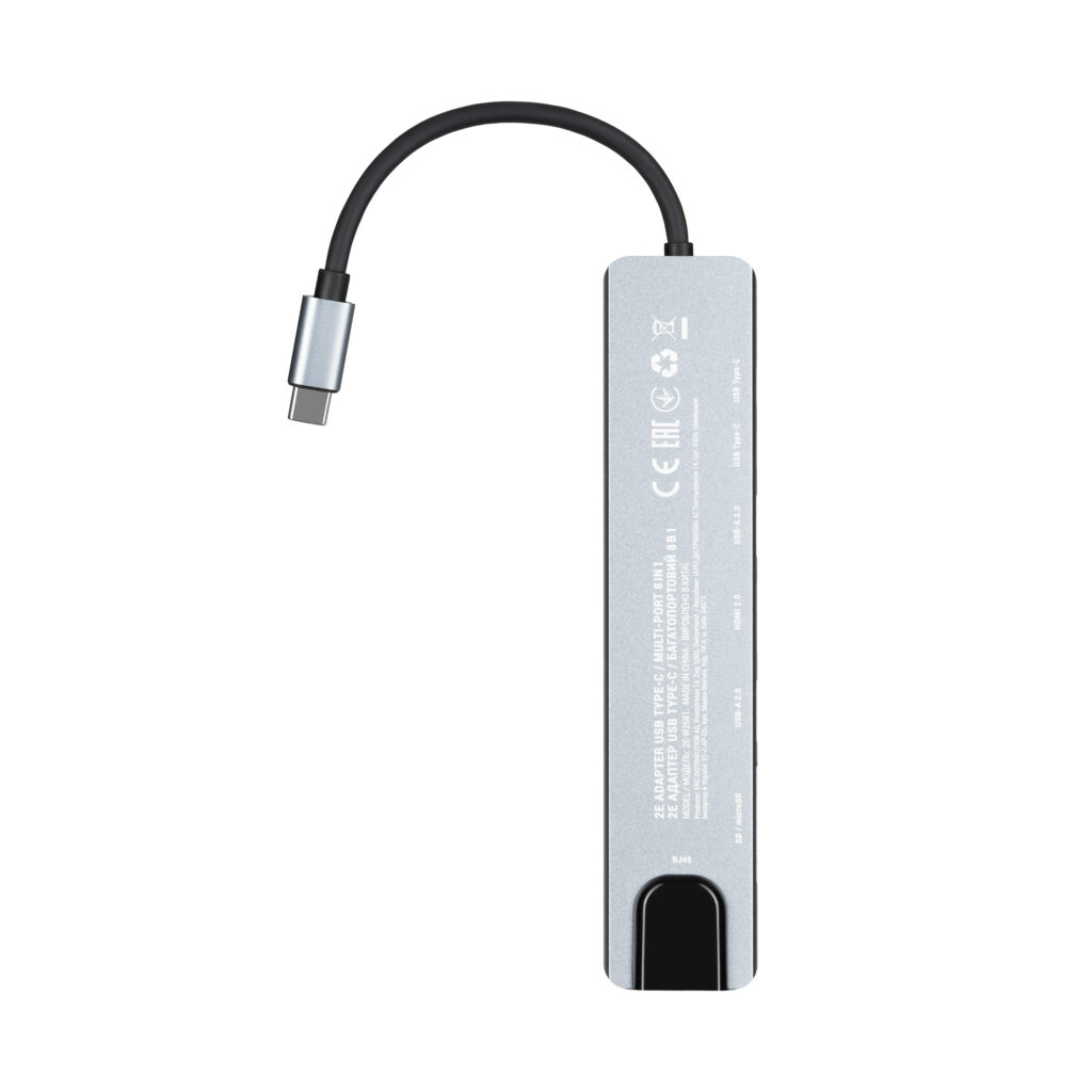 2E Hub USB-С > USB-A 2.0/USB-A 3.0/2xUSB-C PD/HDMI/microSD/SD/Ethernet, 0.13m, silver