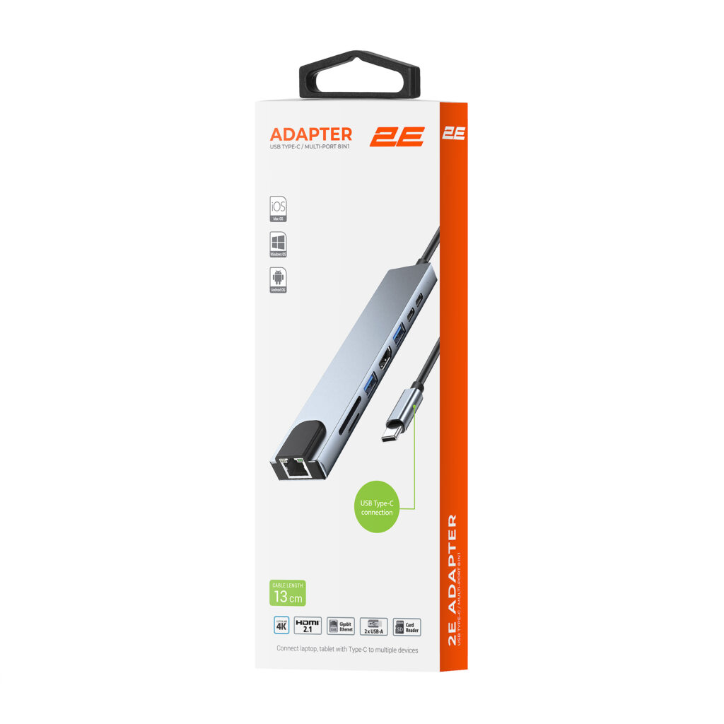 2E Hub USB-С > USB-A 2.0/USB-A 3.0/2xUSB-C PD/HDMI/microSD/SD/Ethernet, 0.13m, silver