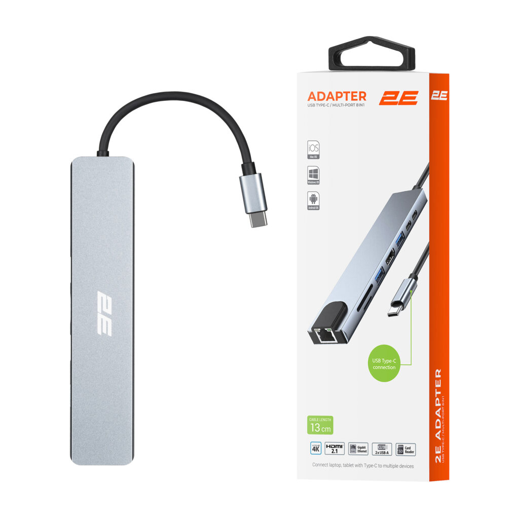 2E Hub USB-С > USB-A 2.0/USB-A 3.0/2xUSB-C PD/HDMI/microSD/SD/Ethernet, 0.13m, silver