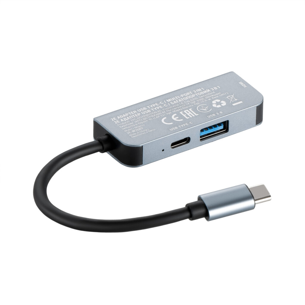 Хаб 2E USB-С > USB-A 3.0/USB-C PD/HDMI, 0.14м, сірий