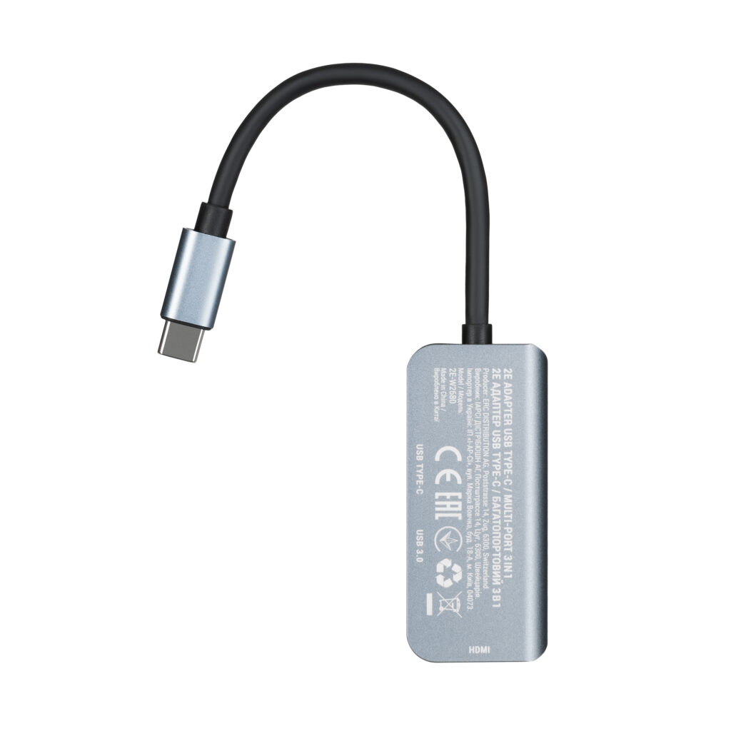 Хаб 2E USB-С > USB-A 3.0/USB-C PD/HDMI, 0.14м, сірий