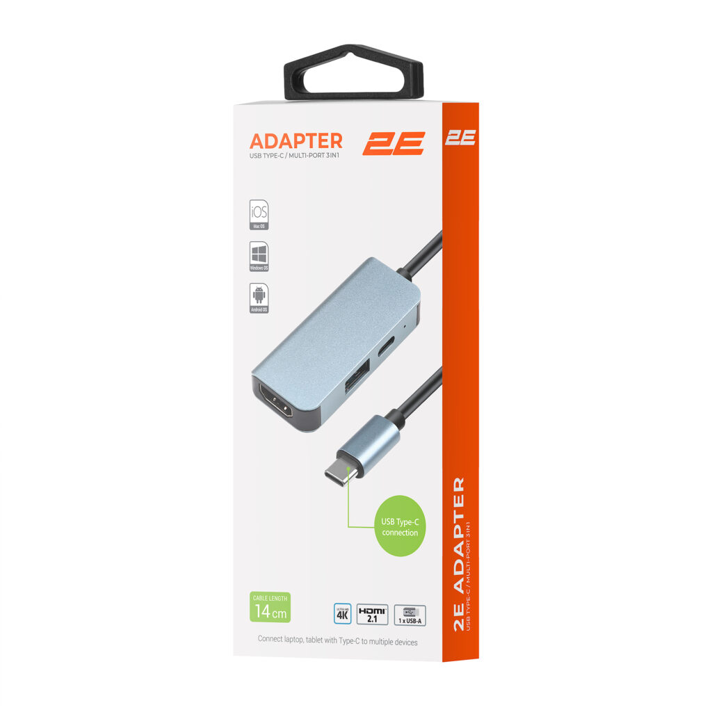Хаб 2E USB-С > USB-A 3.0/USB-C PD/HDMI, 0.14м, сірий