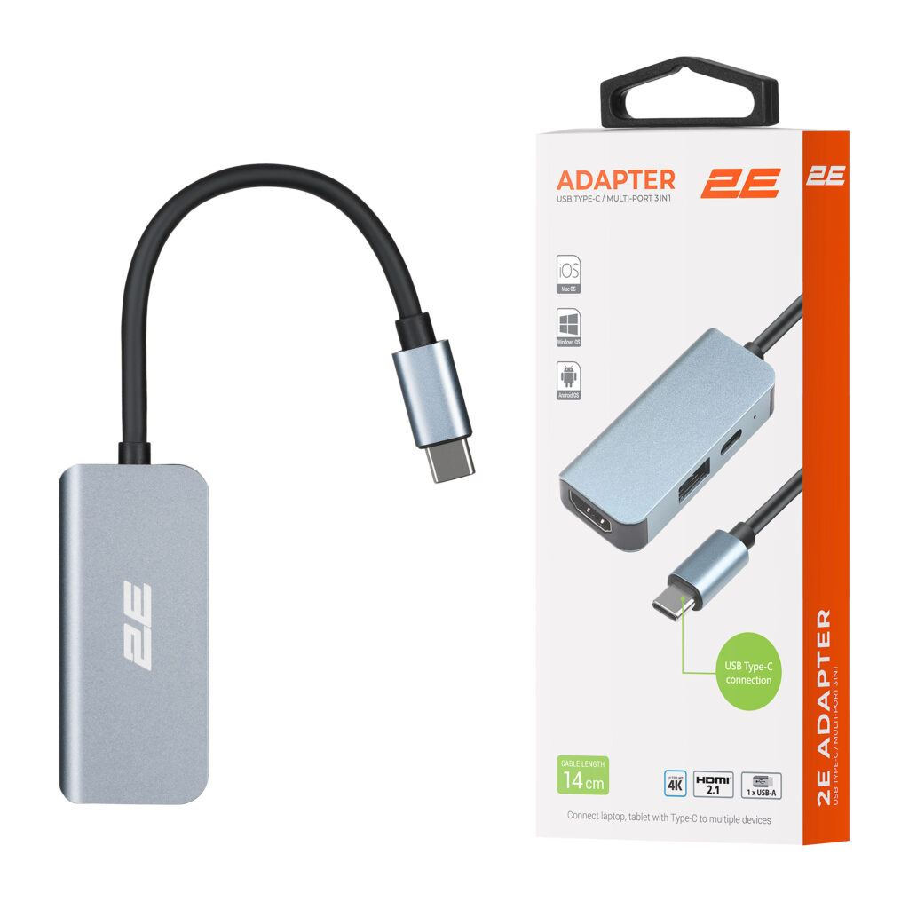 Хаб 2E USB-С > USB-A 3.0/USB-C PD/HDMI, 0.14м, сірий