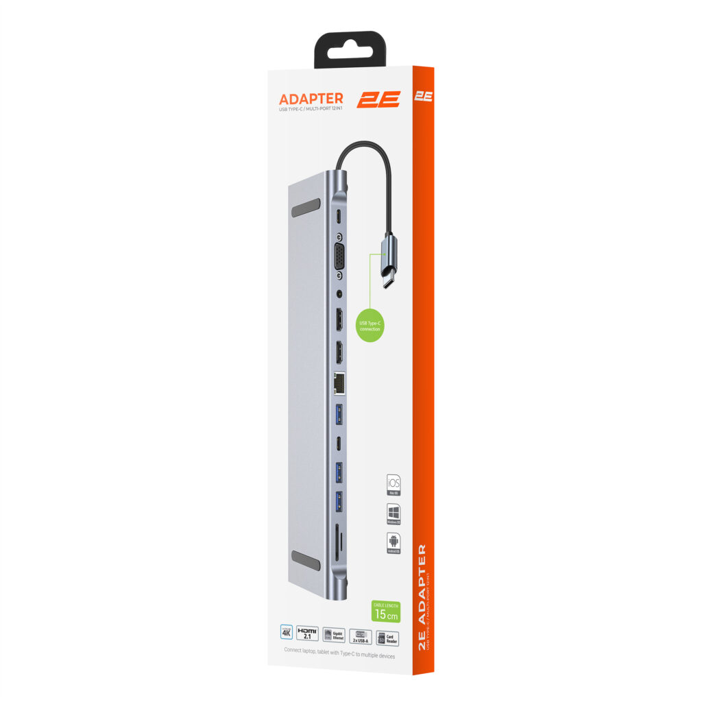 2E Hub USB-С > USB-A 2.0/2xUSB-A 3.0/2xUSB-C PD/2xHDMI/VGA/microSD/SD/Ethernet, 0.15m, silver