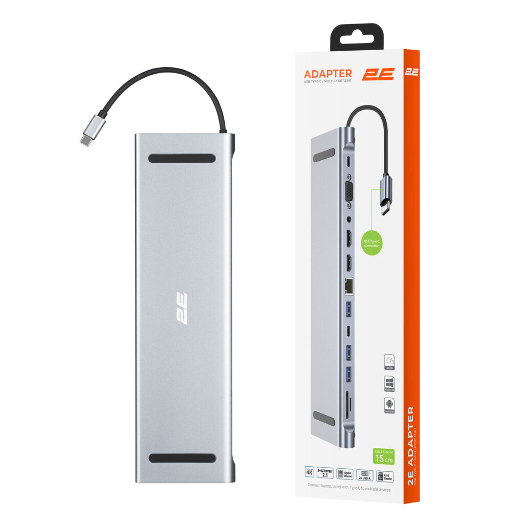 2E Hub USB-С > USB-A 2.0/2xUSB-A 3.0/2xUSB-C PD/2xHDMI/VGA/microSD/SD/Ethernet, 0.15m, silver
