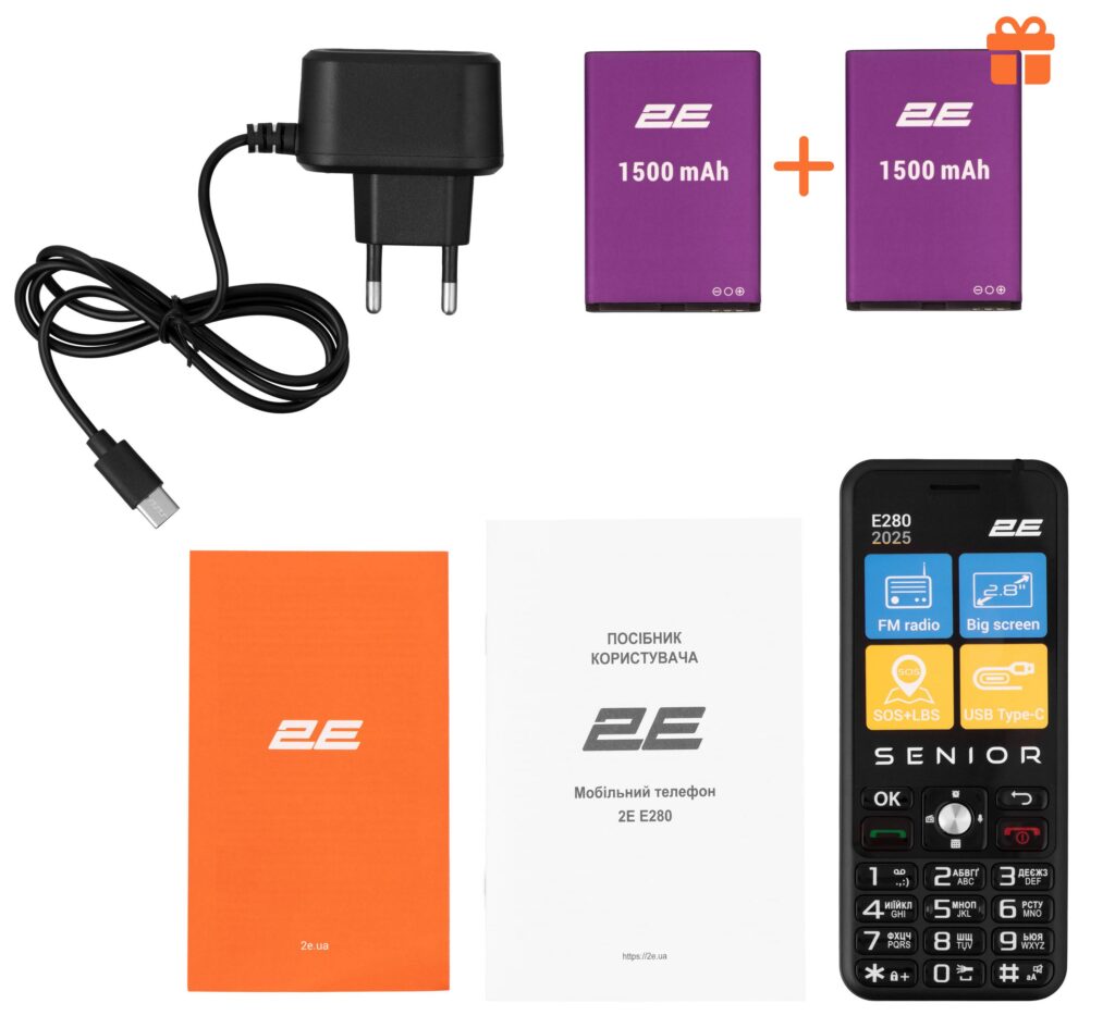 Mobile phone 2E E280 2025 2.8″ 2SIM, 2x1500mAh, Black + Battery