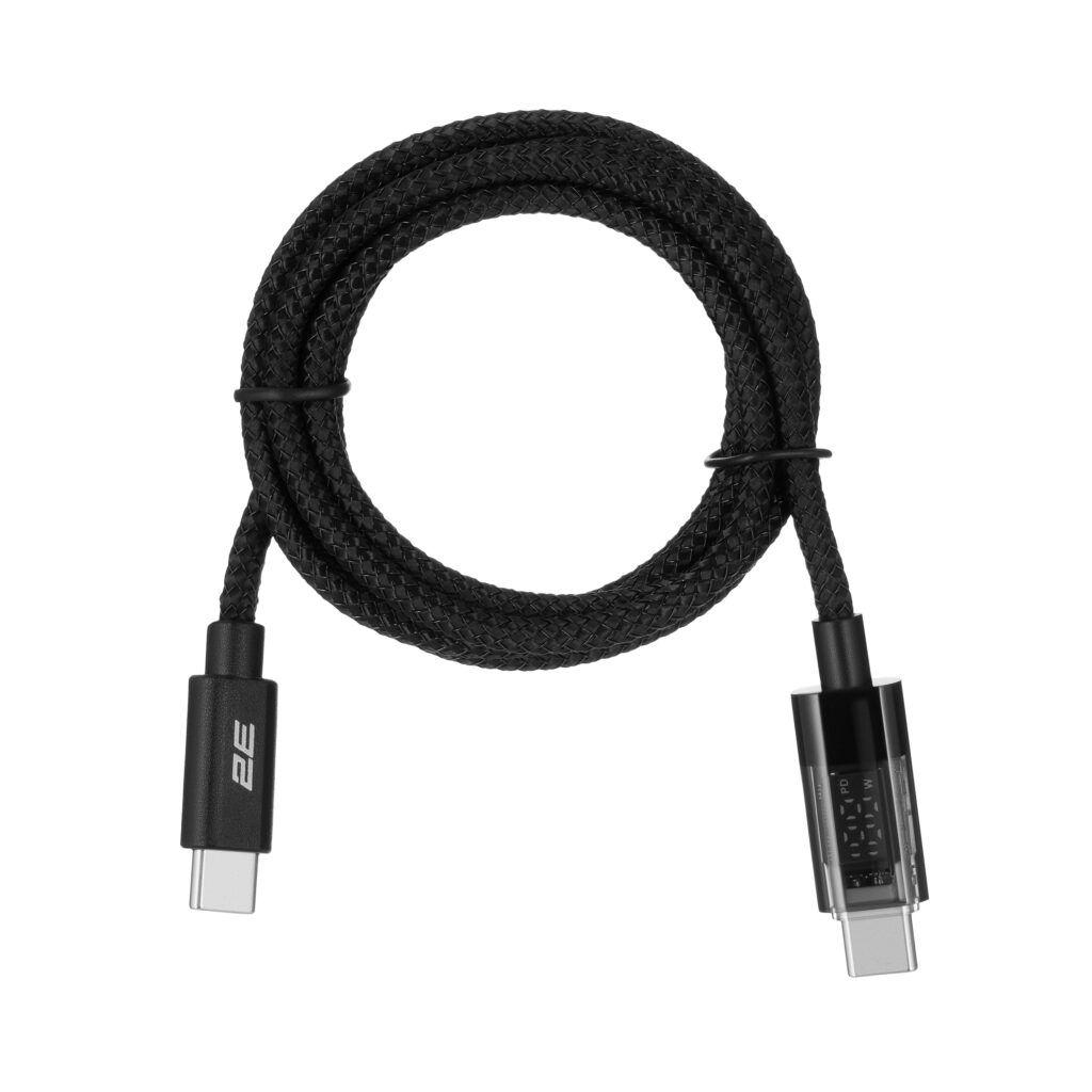 Кабель USB-C > USB-C заряджання/синхронізації 2E 1м, 100Вт Type-C, Digital Display, черный