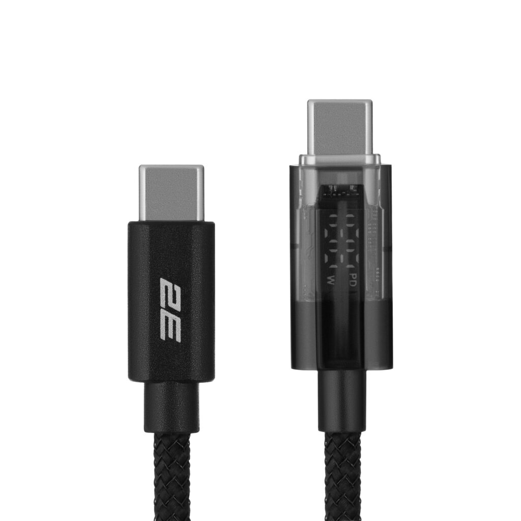 Кабель USB-C > USB-C заряджання/синхронізації 2E 1м, 100Вт Type-C, Digital Display, черный