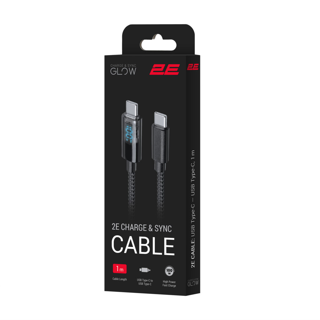Кабель USB-C > USB-C заряджання/синхронізації 2E 1м, 100Вт Type-C, Digital Display, черный