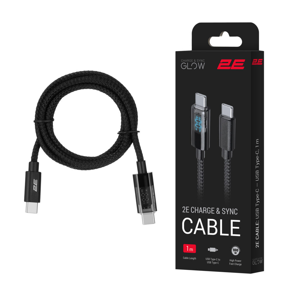 Кабель USB-C > USB-C заряджання/синхронізації 2E 1м, 100Вт Type-C, Digital Display, черный
