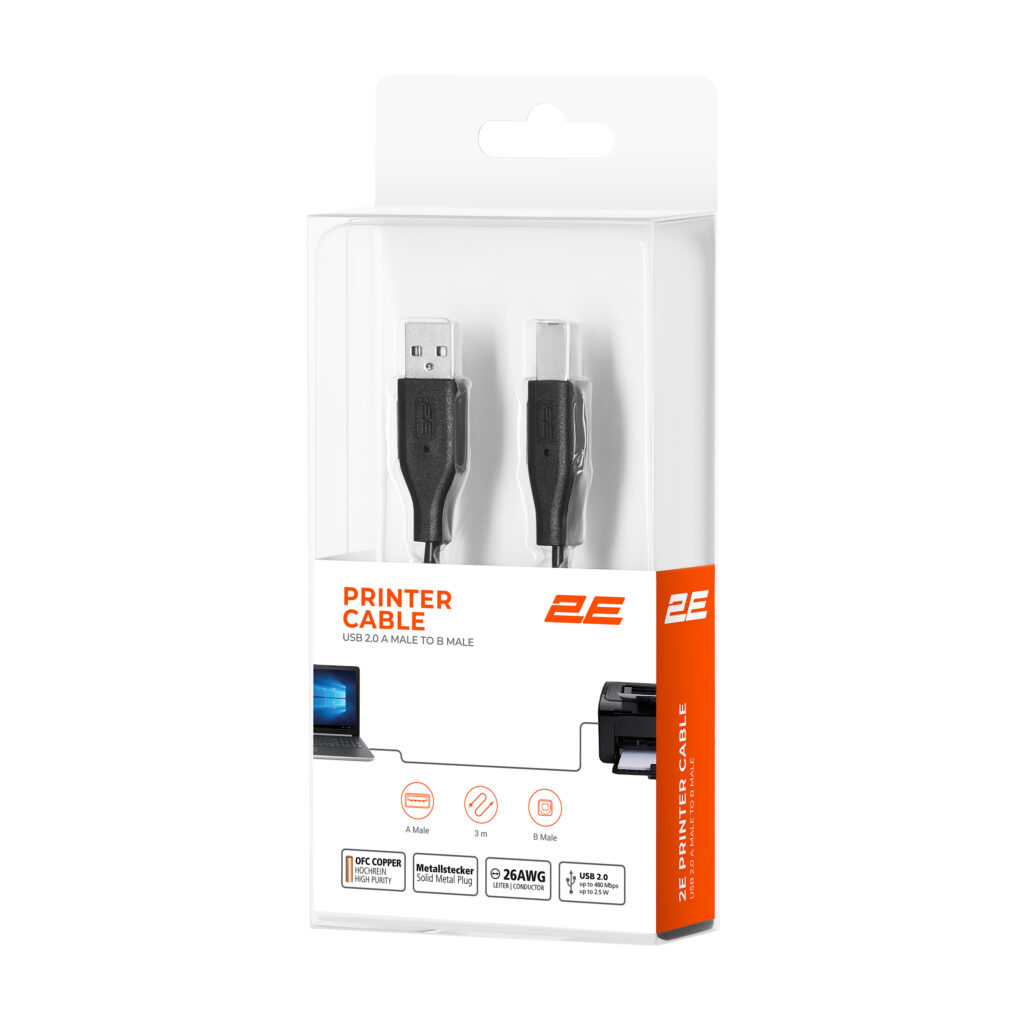 Кабель 2E USB-A > USB-B (AM/BM) синхронізації 3м, чорний