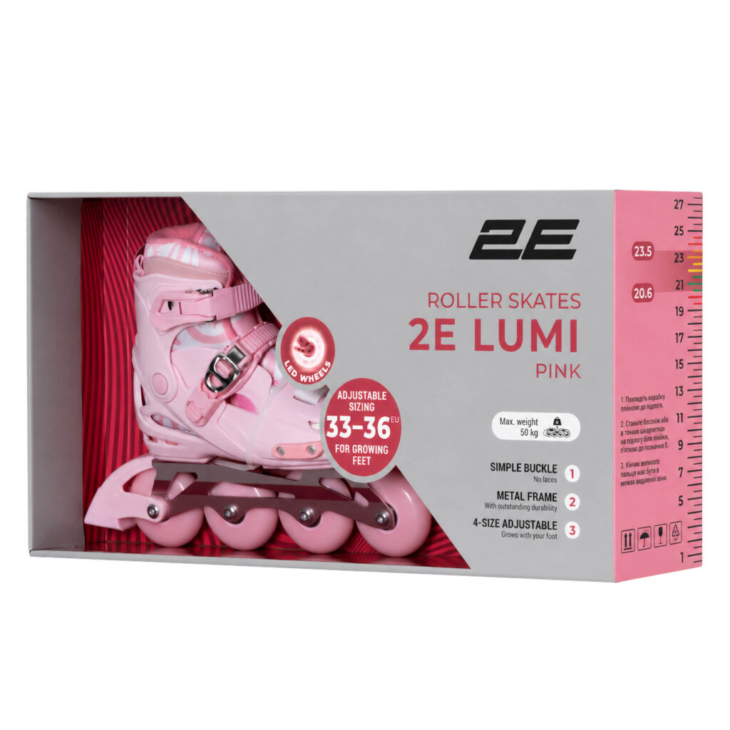 Roller skates 2E Lumi, size 33-36, Pink