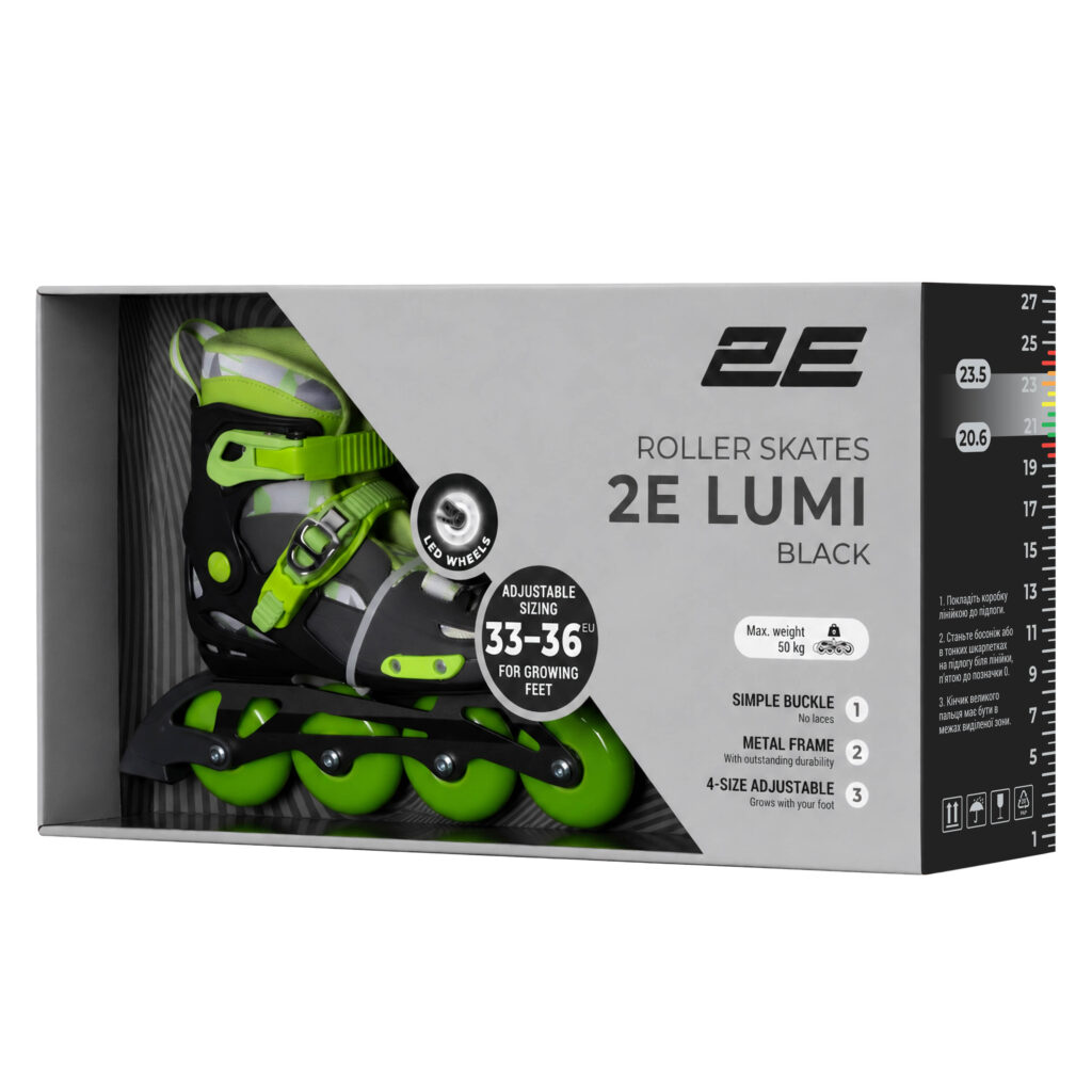 Роликовые коньки 2E Lumi, размер 33-36, Черный