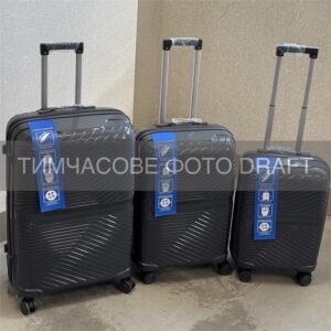2E Suitcase set 3in1, M6989, polypropylene, (L+M+S), lock (not TSA), anti theft zipper, 4 wheels, dark grey