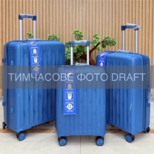 2E Suitcase set 3in1, M7979, polypropylene, (L+M+S), lock (not TSA), anti theft zipper, 4 wheels, blue