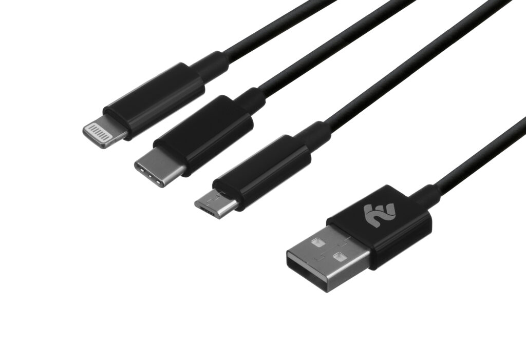 2E Cable USB-A – 3in1 microUSB/USB-C/Lightning 1.2m Black