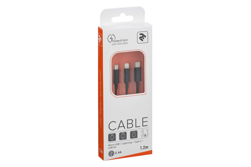 2E Cable USB-A – 3in1 microUSB/USB-C/Lightning 1.2m Black