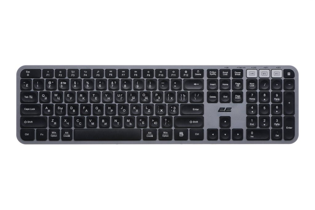 Клавіатура мембранна 2E KS240 110key, WL/BT, EN/UK/RU, сіро-чорний