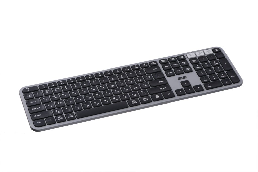Клавіатура мембранна 2E KS240 110key, WL/BT, EN/UK/RU, сіро-чорний