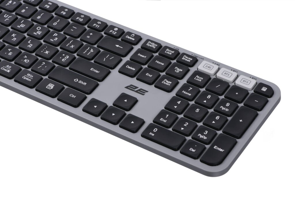 Клавіатура мембранна 2E KS240 110key, WL/BT, EN/UK/RU, сіро-чорний