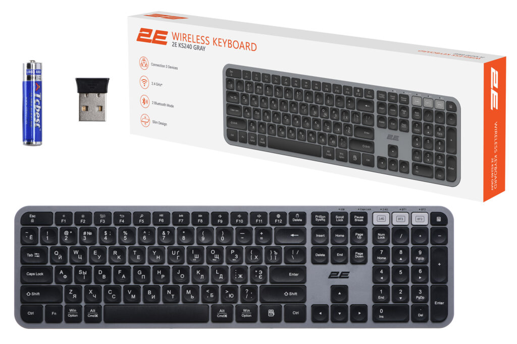 Клавіатура мембранна 2E KS240 110key, WL/BT, EN/UK/RU, сіро-чорний