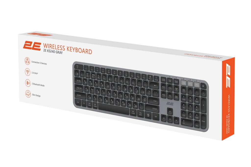 Клавіатура мембранна 2E KS240 110key, WL/BT, EN/UK/RU, сіро-чорний