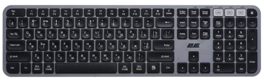 Клавіатура мембранна 2E KS240 110key, WL/BT, EN/UK/RU, сіро-чорний