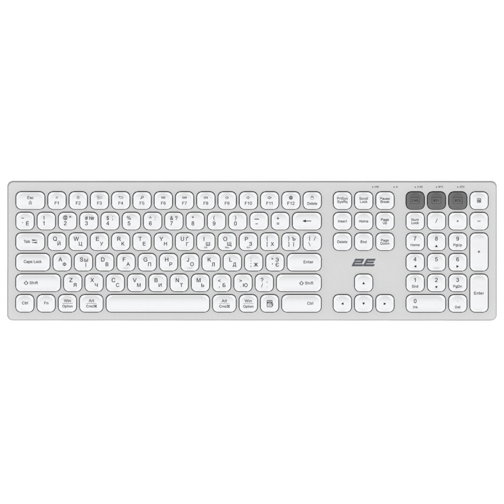 Клавиатура ножничная 2E KS270 105key, WL/BT, EN/UK/RU, серебристо-белый