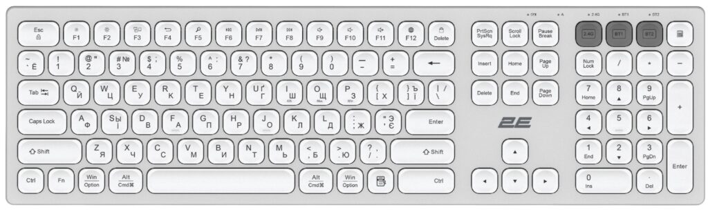 Клавиатура ножничная 2E KS270 105key, WL/BT, EN/UK/RU, серебристо-белый