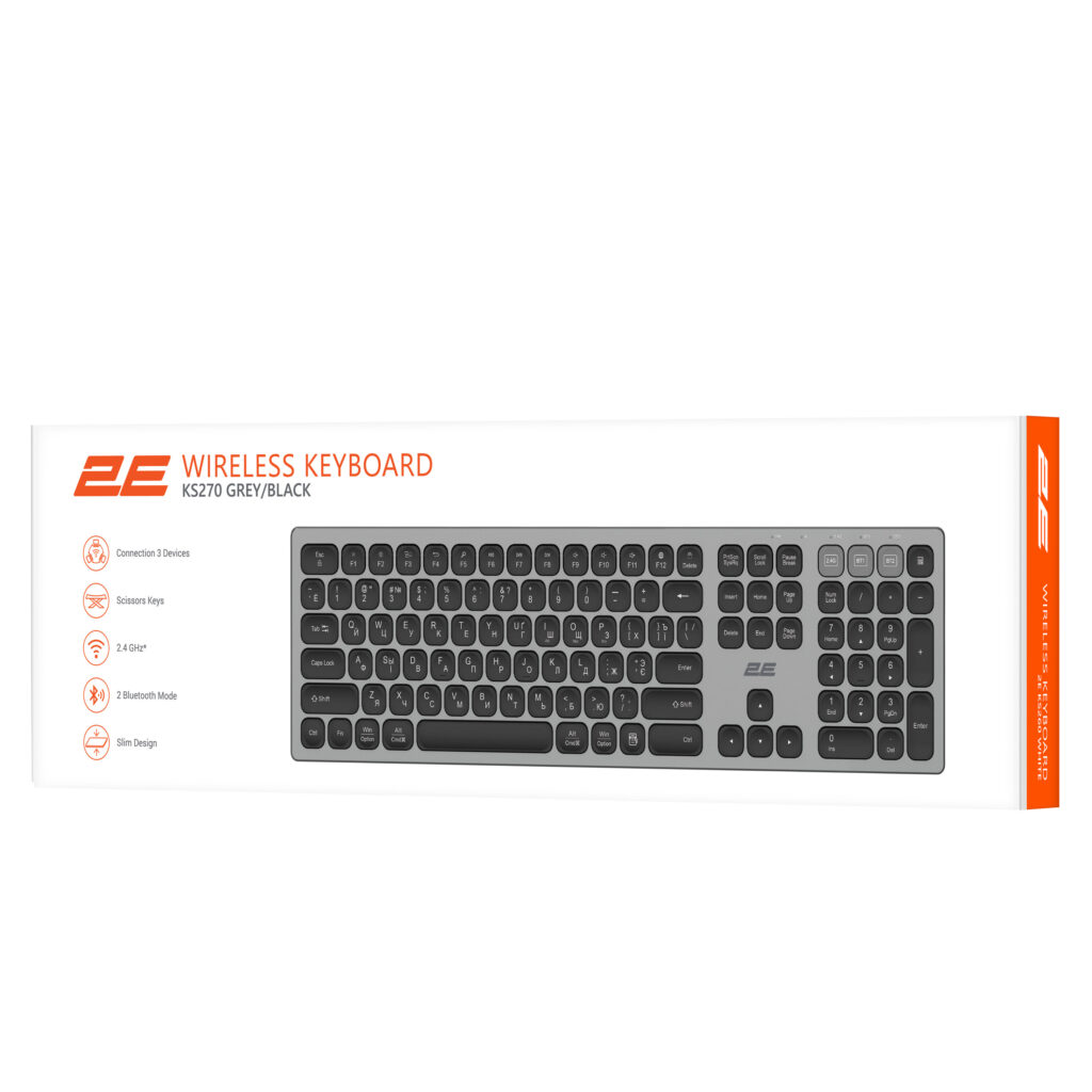 Клавиатура ножничная 2E KS270 105key, WL/BT, EN/UK/RU, серо-чёрный