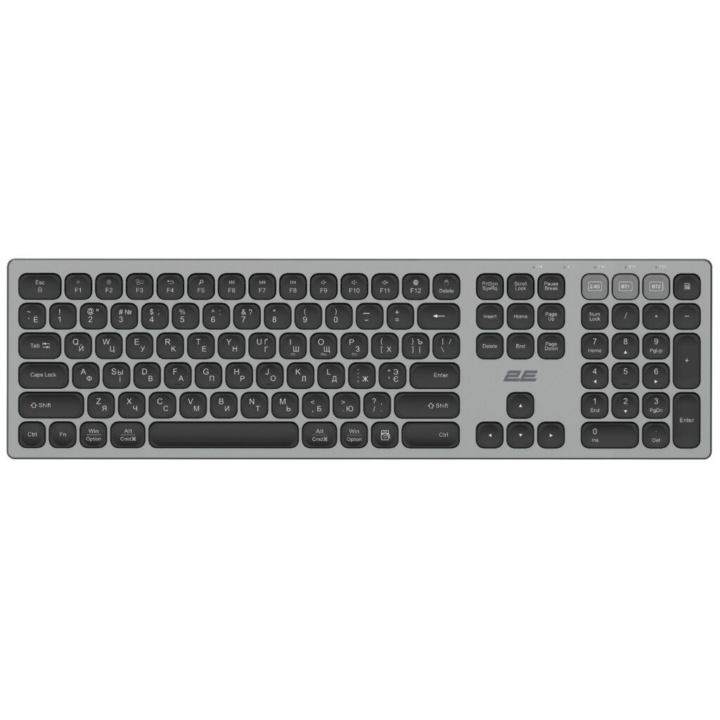 Клавиатура ножничная 2E KS270 105key, WL/BT, EN/UK/RU, серо-чёрный