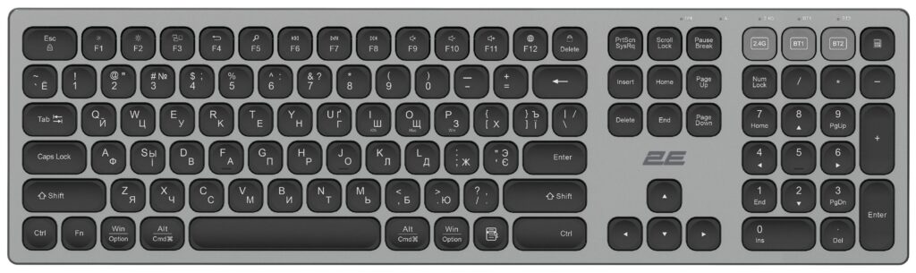 Клавиатура ножничная 2E KS270 105key, WL/BT, EN/UK/RU, серо-чёрный