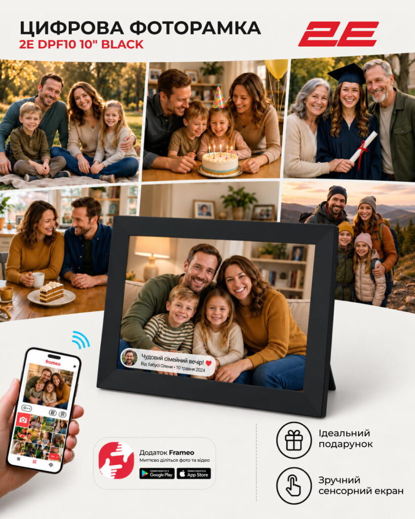 2E DPF10 10″ Digital Photo Frame, IPS, FHD, 1GB, 32GB, 2x1W Speakers, Frameo SW, Touchscreen, Black