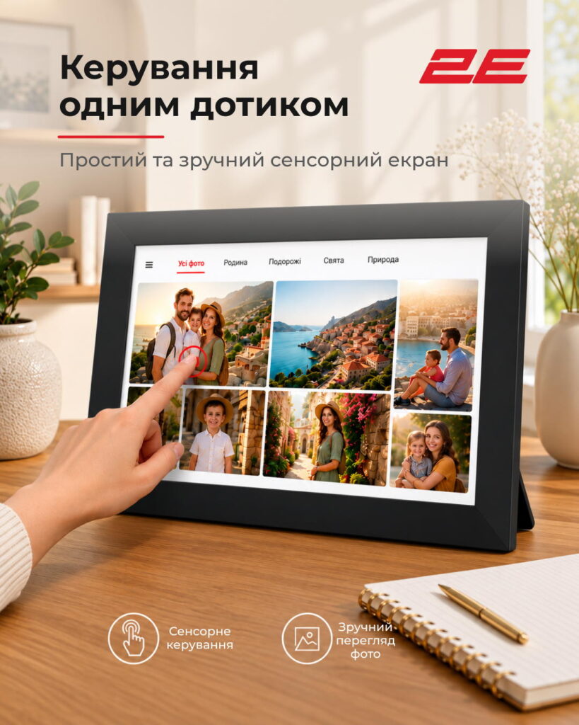 2E DPF10 10″ Digital Photo Frame, IPS, FHD, 1GB, 32GB, 2x1W Speakers, Frameo SW, Touchscreen, Black