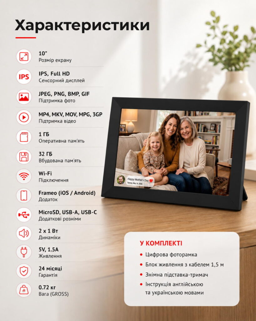 2E DPF10 10″ Digital Photo Frame, IPS, FHD, 1GB, 32GB, 2x1W Speakers, Frameo SW, Touchscreen, Black
