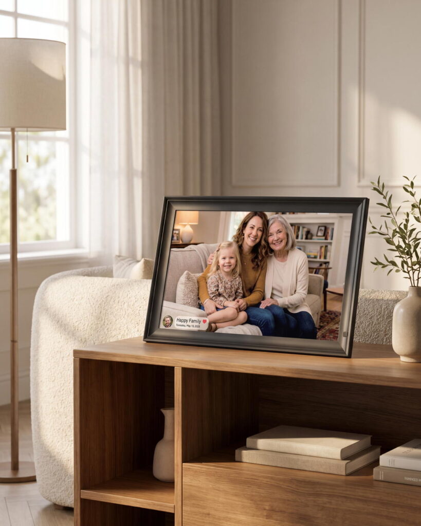2E DPF15-BK 15.6″ Digital Photo Frame, IPS FHD, 1GB RAM/32GB ROM, 2?2W Speakers, Frameo SW, Touchscreen, Wi-Fi, Black