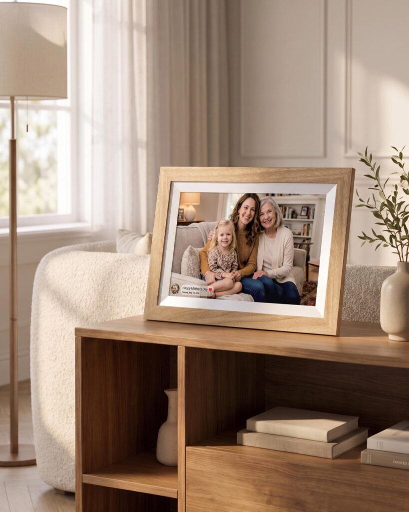 2E DPF10-WDYW 10″ Digital Photo Frame, IPS, FHD, 1GB/32GB, 2?1W Speakers, Frameo SW, Touchscreen, WiFi, Wood Frame, Yellow