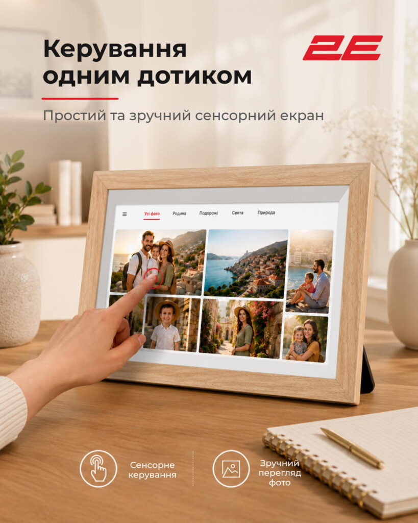 2E DPF10-WDYW 10″ Digital Photo Frame, IPS, FHD, 1GB/32GB, 2?1W Speakers, Frameo SW, Touchscreen, WiFi, Wood Frame, Yellow