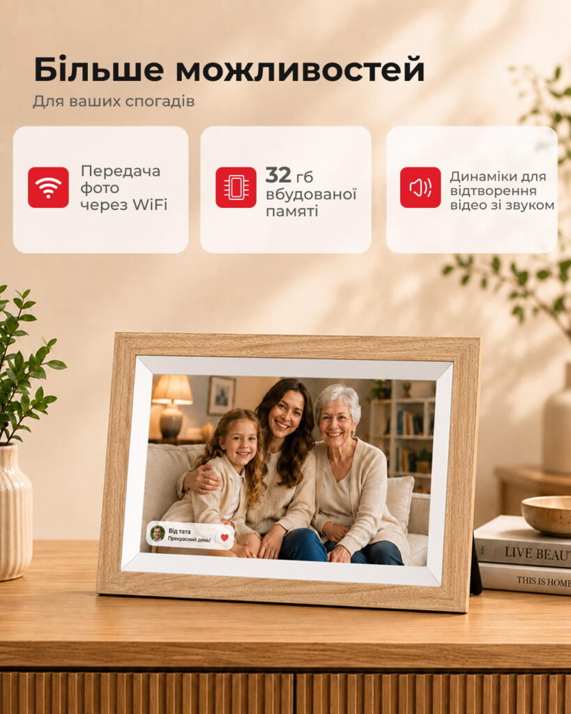 2E DPF10-WDYW 10″ Digital Photo Frame, IPS, FHD, 1GB/32GB, 2?1W Speakers, Frameo SW, Touchscreen, WiFi, Wood Frame, Yellow