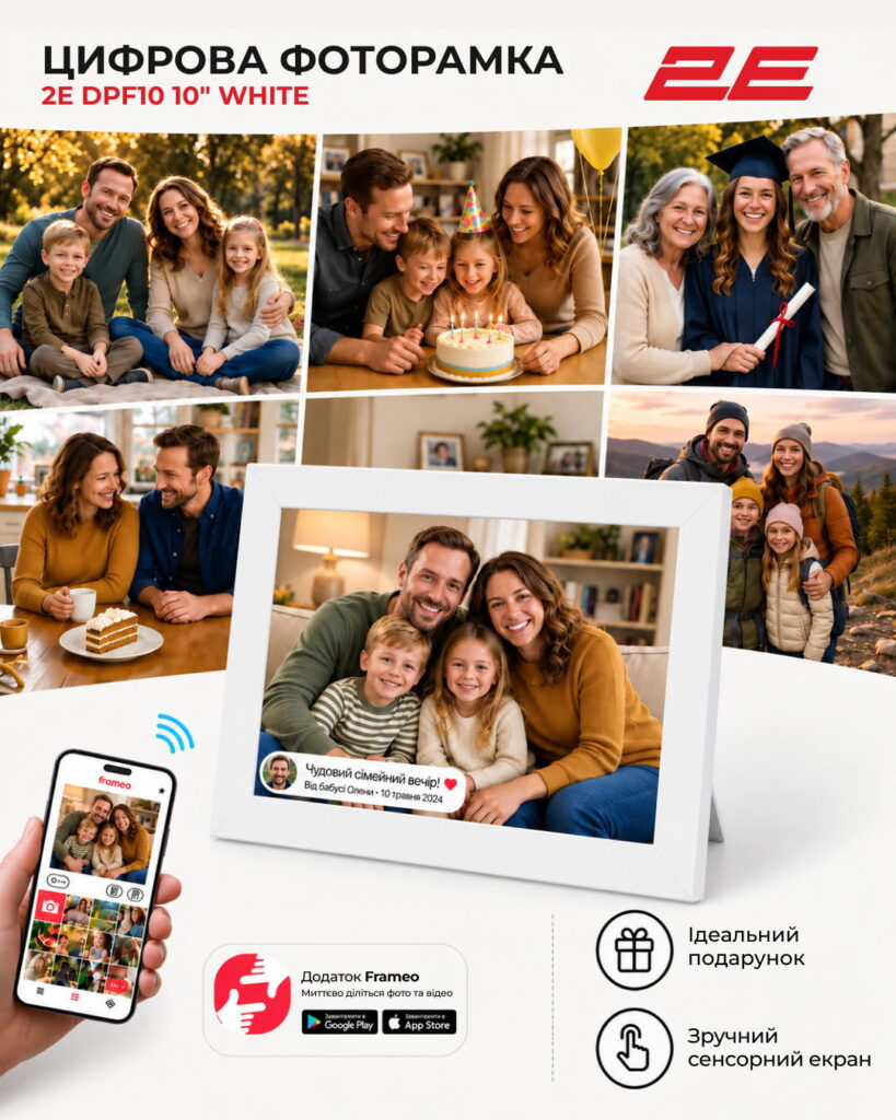 2E DPF10 10″ Digital Photo Frame, IPS, FHD, 1GB, 32GB, 2x1W Speakers, Frameo SW, Touchscreen, White
